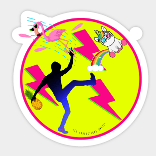 Kick The Coolest Unicorn & Rainbow with Pink Flamingo & Pink Lightning | 80s-90s style Neon colors Sticker